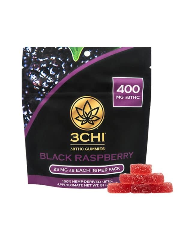 3CHI 400mg Delta-8 Black Raspberry Gummies Pouch with Gummies Stacked Outside of It