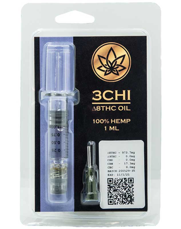 A 3CHI distillate syringe box with 1ml of delta-8 THC oil