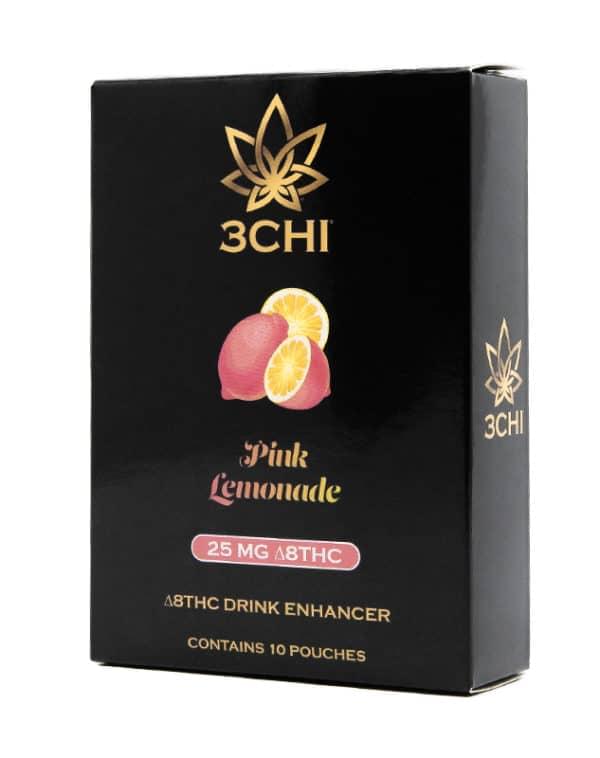 Package of 3CHI Delta-8 Pink Lemonade Flavored Drink Enhancer at a Different Angle