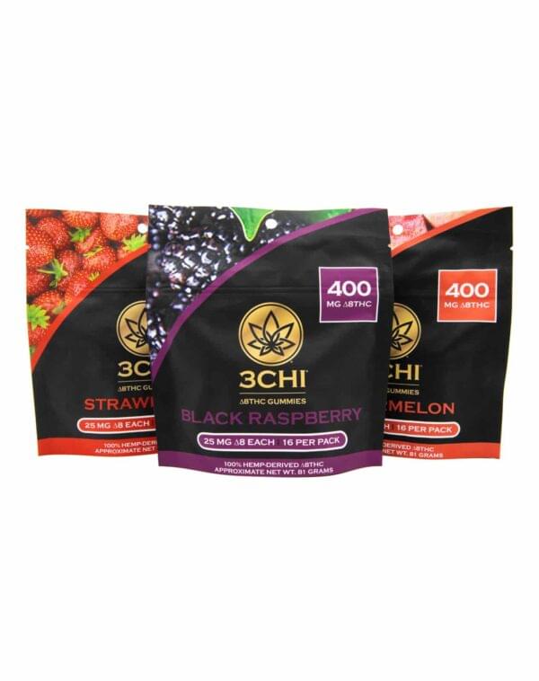 Group of 3CHI Black Raspberry Strawberry and Watermelon 400mg Delta-8 Gummies Pouches