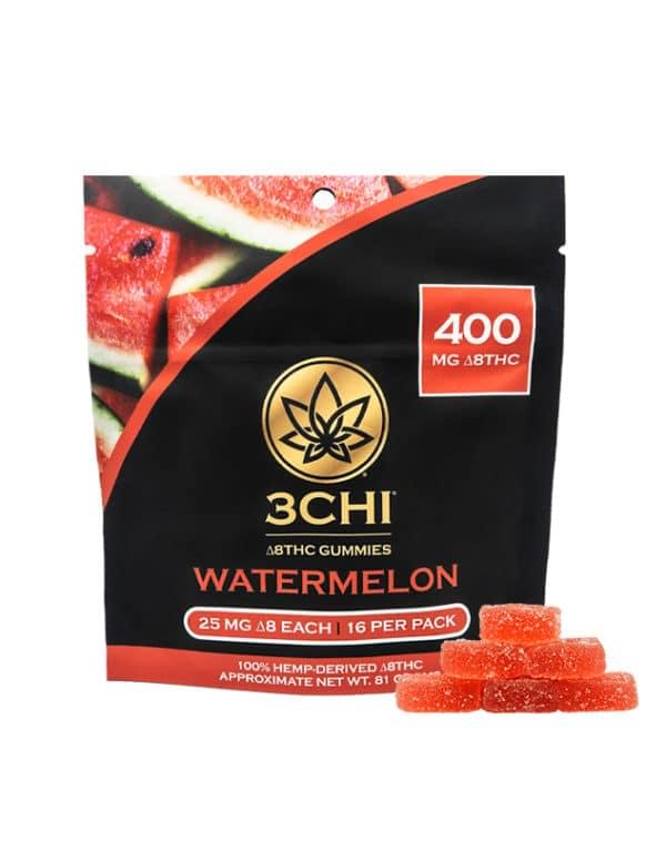 3CHI  Watermelon Gummies Pouch with 400mg of Delta-8 THC and Gummies Stacked Outside of It