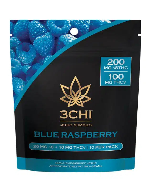 A 3CHI blue raspberry gummies pouch with 200mg of delta-8 THC and 100mg of THCv