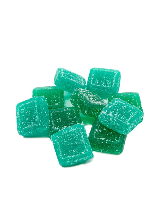 A group of 3CHI blue raspberry gummies with 20mg of delta-8 THC and 10mg of THCv in each one