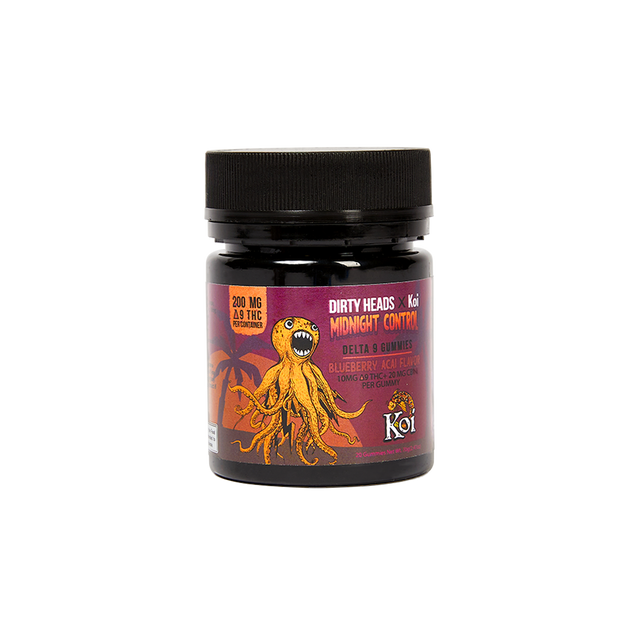 A frontal view of a jar of Dirty Heads x Koi Midnight Control blueberry acai flavored gummies with 100mg of delta-9 THC and 100mg of CBN