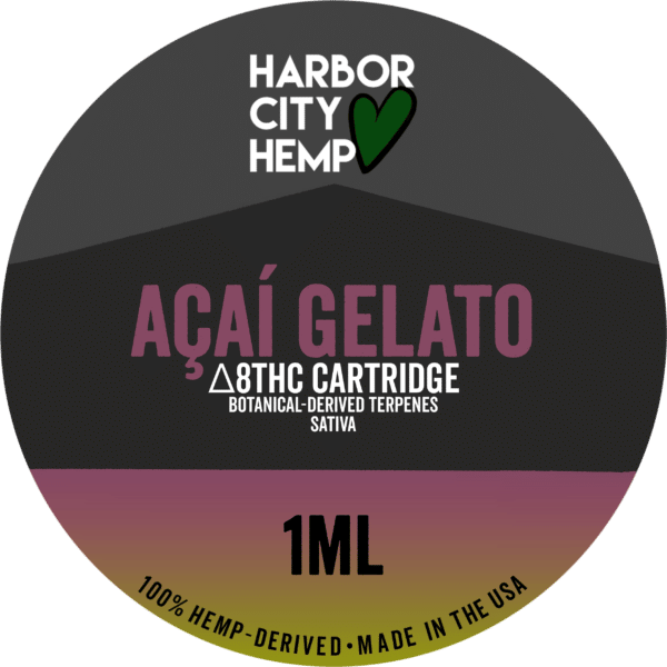 A Harbor City Hemp acai gelato flavored BDT vape cartridge with 1ml of delta-8 THC