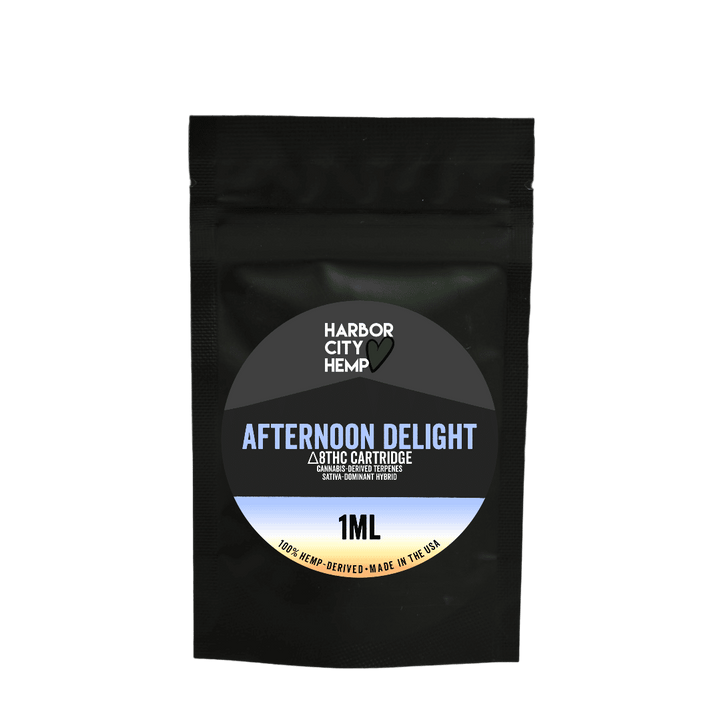 A Harbor City Hemp afternoon delight flavored Steam vape cartridge pouch with 1ml of delta-8 THC