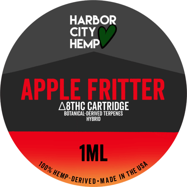 A Harbor City Hemp apple fritter flavored BDT vape cartridge with 1ml of delta-8 THC