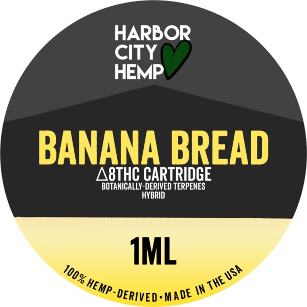 A Harbor City Hemp banana bread flavored BDT vape cartridge with 1ml of delta-8 THC