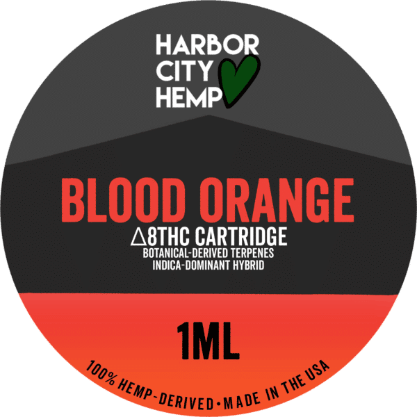 A Harbor City Hemp blood orange flavored BDT vape cartridge with 1ml of delta-8 THC