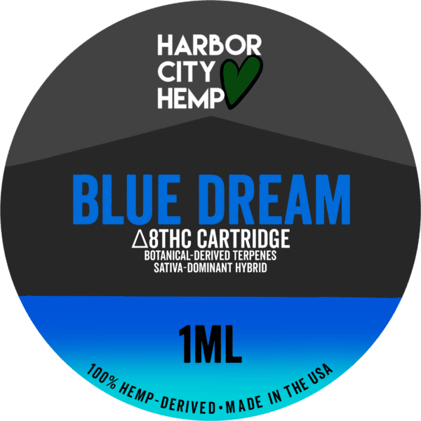 A Harbor City Hemp blue dream flavored BDT vape cartridge with 1ml of delta-8 THC