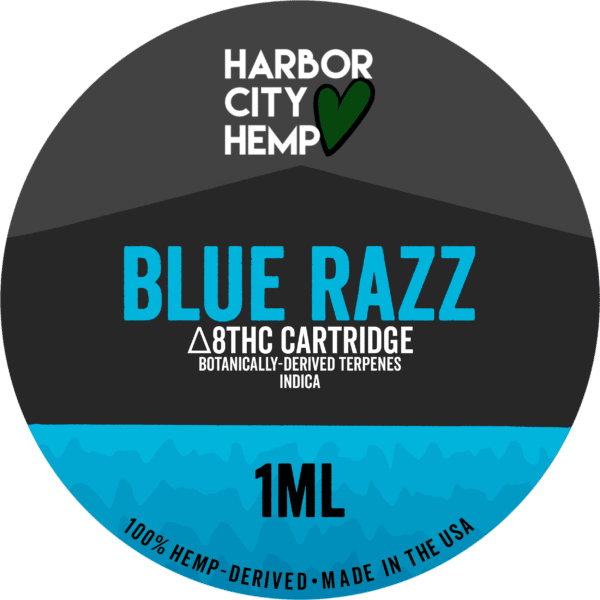 A Harbor City Hemp blue razz flavored BDT vape cartridge with 1ml of delta-8 THC