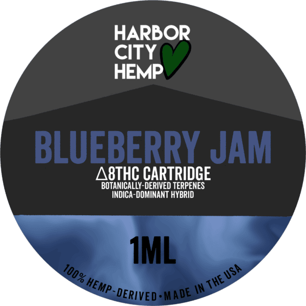 A Harbor City Hemp blueberry jam flavored BDT vape cartridge with 1ml of delta-8 THC