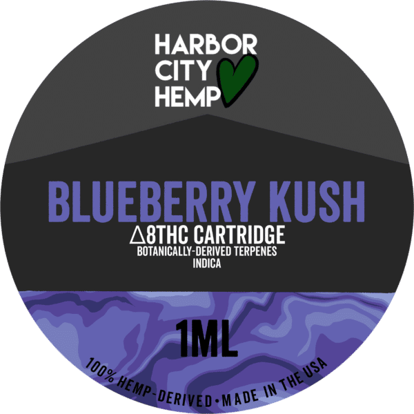 A Harbor City Hemp blueberry kush flavored BDT vape cartridge with 1ml of delta-8 THC