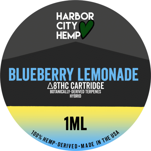 A Harbor City Hemp blueberry lemonade flavored BDT vape cartridge with 1ml of delta-8 THC