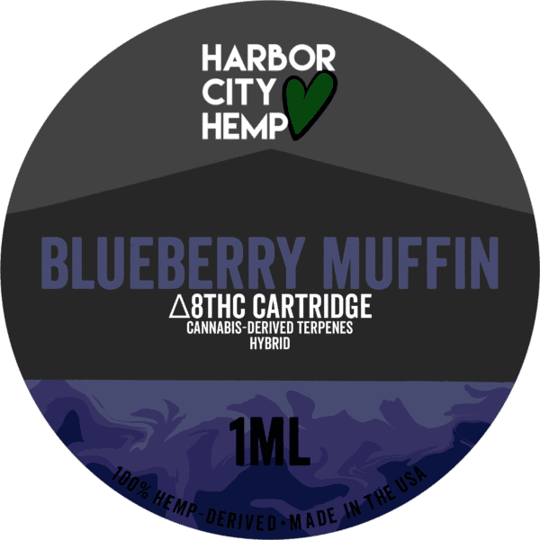A Harbor City Hemp blueberry muffin flavored Steam vape cartridge with 1ml of delta-8 THC