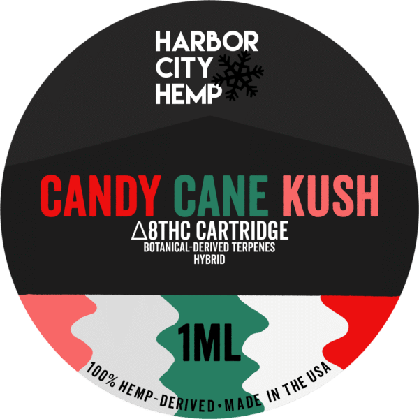 A Harbor City Hemp candy cane kush flavored BDT vape cartridge with 1ml of delta-8 THC