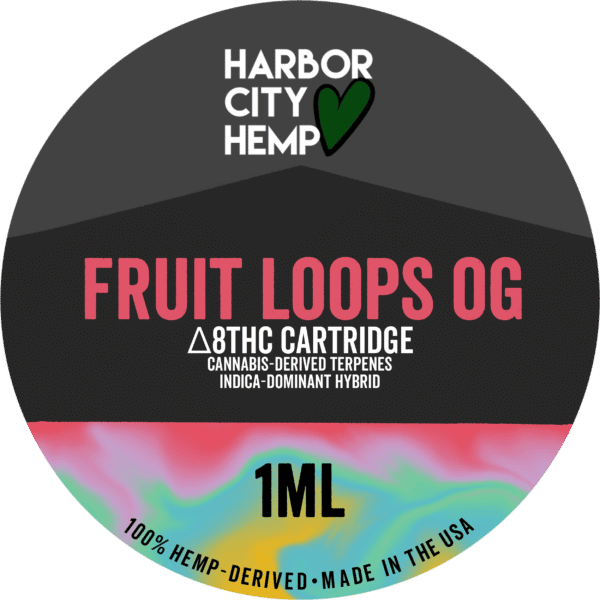 A Harbor City Hemp fruit loops OG flavored Steam vape cartridge with 1ml of delta-8 THC