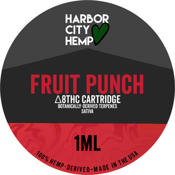 A Harbor City Hemp fruit punch flavored BDT vape cartridge with 1ml of delta-8 THC