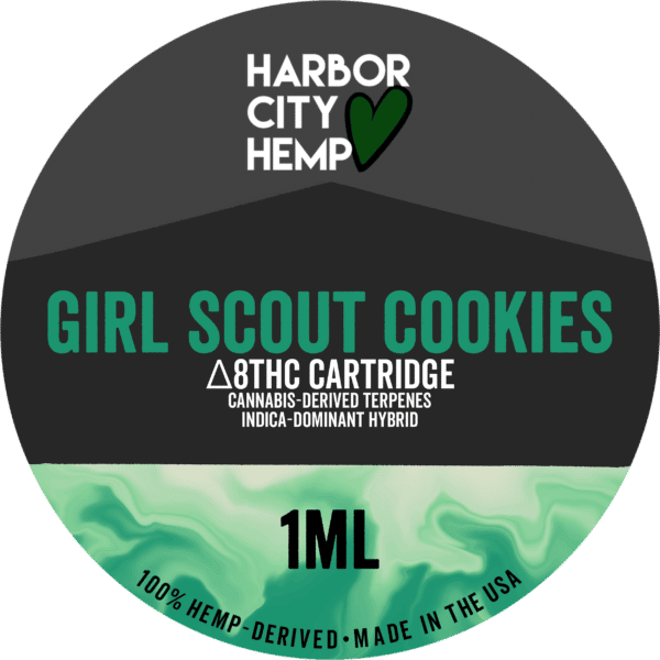 A Harbor City Hemp girl scout cookies flavored CDT vape cartridge with 1ml of delta-8 THC