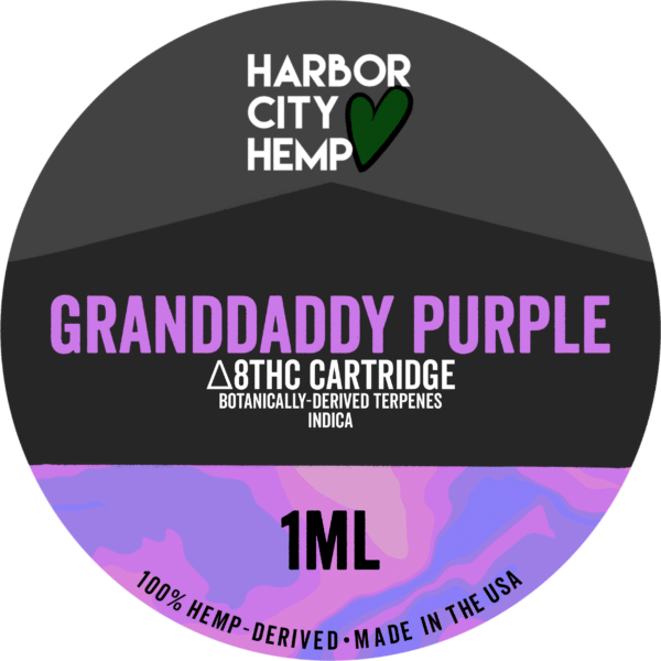 A Harbor City Hemp granddaddy purple flavored BDT vape cartridge with 1ml of delta-8 THC