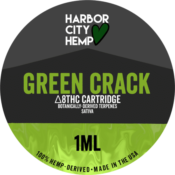 A Harbor City Hemp green crack flavored BDT vape cartridge with 1ml of delta-8 THC