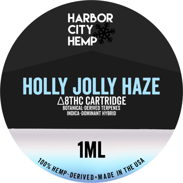 A Harbor City Hemp holly jolly haze flavored BDT vape cartridge with 1ml of delta-8 THC