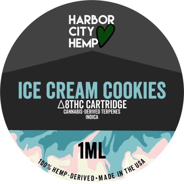 A Harbor City Hemp ice cream cookies flavored CDT vape cartridge with 1ml of delta-8 THC