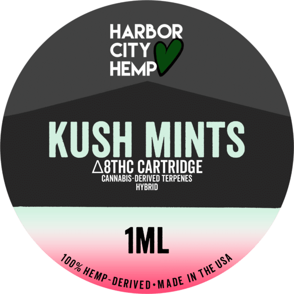 A Harbor City Hemp kush mints flavored CDT vape cartridge with 1ml of delta-8 THC