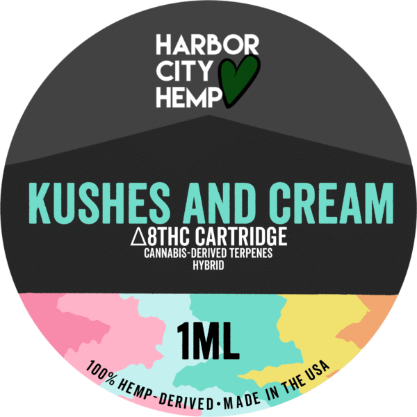 A Harbor City Hemp kushes and cream flavored CDT vape cartridge with 1ml of delta-8 THC