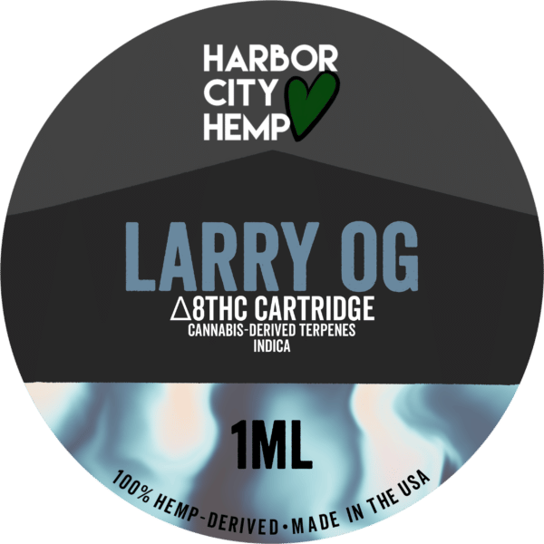 A Harbor City Hemp larry OG flavored CDT vape cartridge with 1ml of delta-8 THC