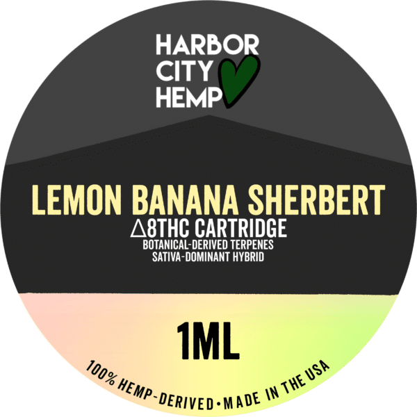 A Harbor City Hemp lemon banana sherbert flavored BDT vape cartridge with 1ml of delta-8 THC