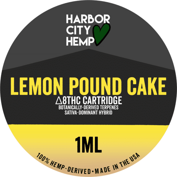 A Harbor City Hemp lemon pound cake flavored BDT vape cartridge with 1ml of delta-8 THC