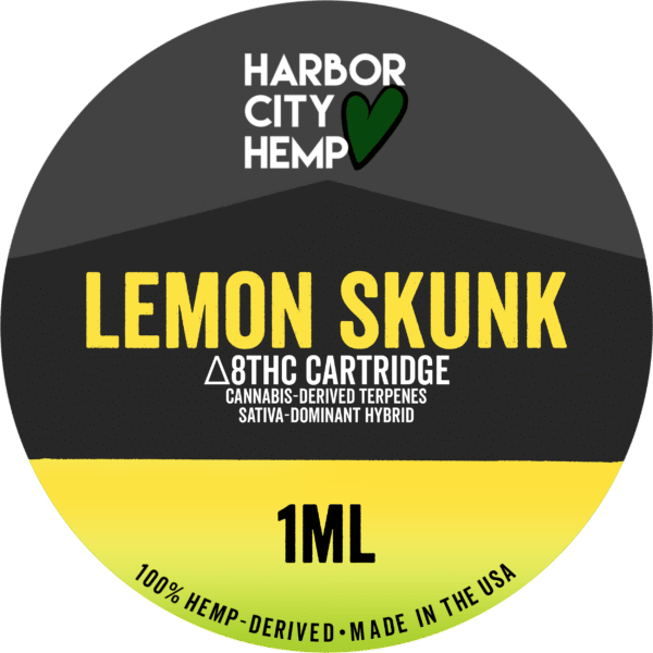 A Harbor City Hemp lemon skunk flavored CDT vape cartridge with 1ml of delta-8 THC