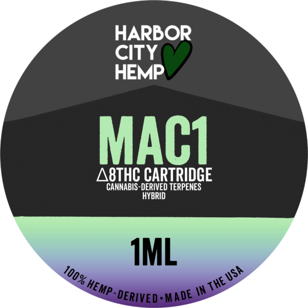 A Harbor City Hemp mac1 flavored CDT vape cartridge with 1ml of delta-8 THC