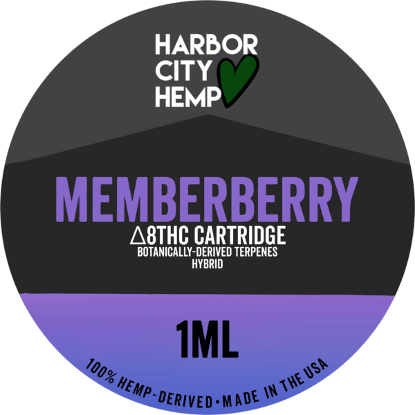 A Harbor City Hemp memberberry flavored BDT vape cartridge with 1ml of delta-8 THC