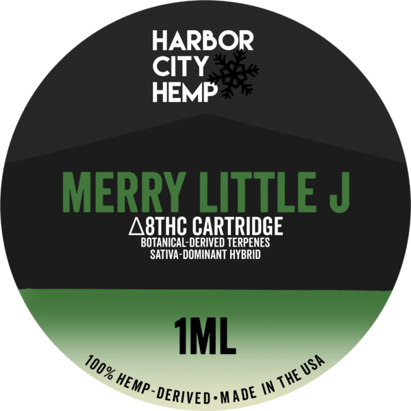 A Harbor City Hemp merry little j flavored BDT vape cartridge with 1ml of delta-8 THC