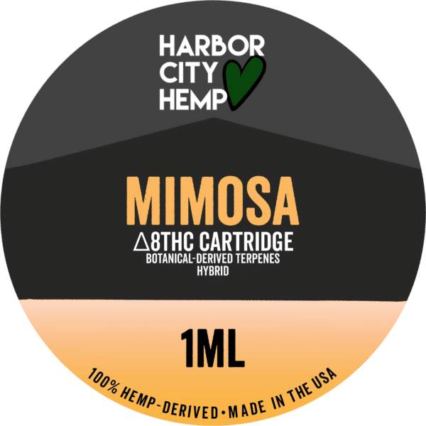 A Harbor City Hemp mimosa flavored BDT vape cartridge with 1ml of delta-8 THC