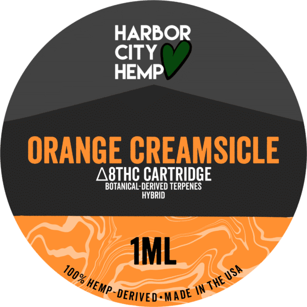 A Harbor City Hemp orange creamsicle flavored BDT vape cartridge with 1ml of delta-8 THC