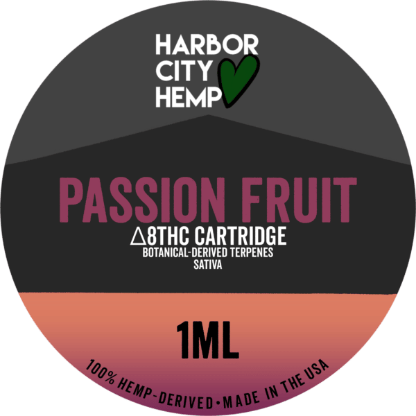 A Harbor City Hemp passion fruit flavored BDT vape cartridge with 1ml of delta-8 THC