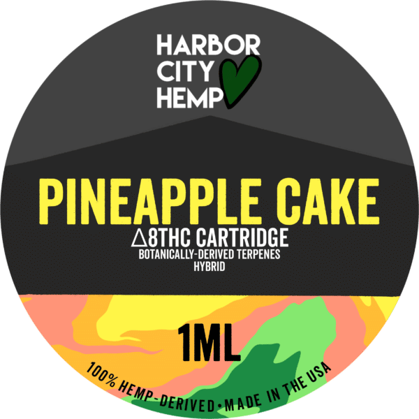 A Harbor City Hemp pineapple cake flavored BDT vape cartridge with 1ml of delta-8 THC
