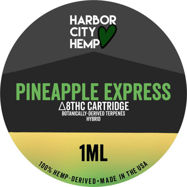 A Harbor City Hemp pineapple express flavored BDT vape cartridge with 1ml of delta-8 THC