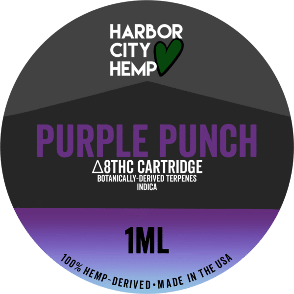 A Harbor City Hemp purple punch flavored BDT vape cartridge with 1ml of delta-8 THC