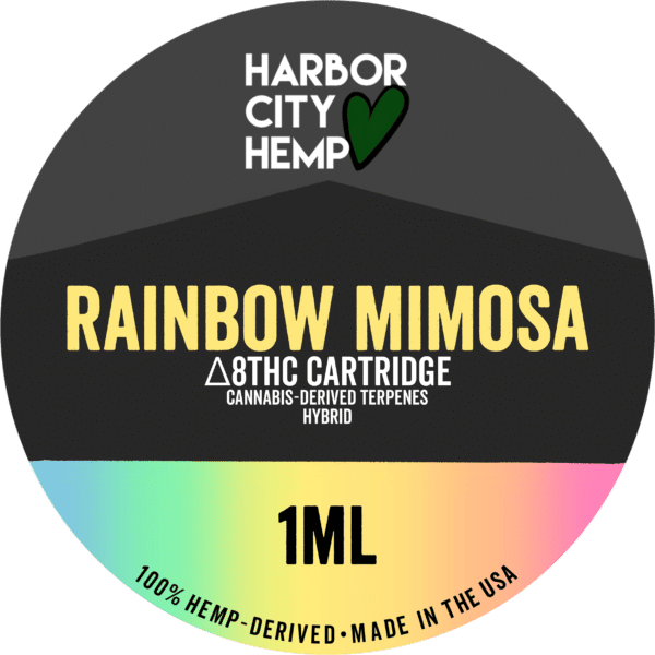 A Harbor City Hemp rainbow mimosa flavored CDT vape cartridge with 1ml of delta-8 THC