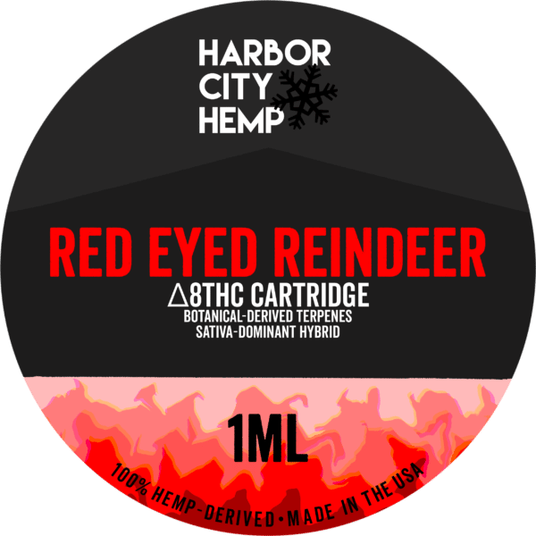 A Harbor City Hemp red eyed reindeer flavored BDT vape cartridge with 1ml of delta-8 THC
