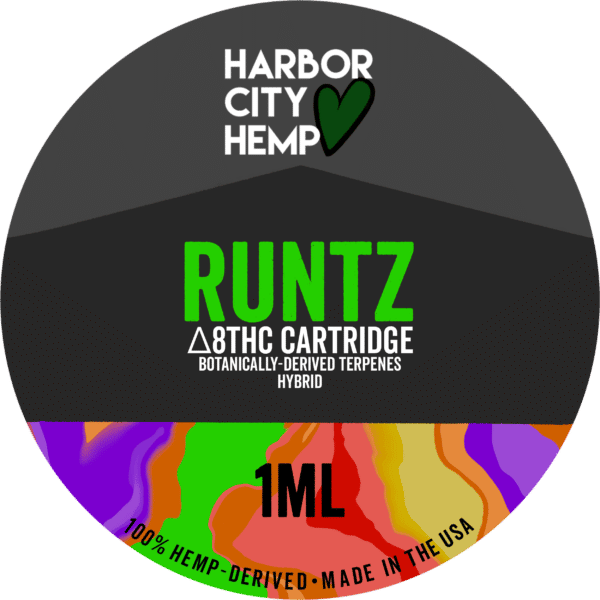 A Harbor City Hemp runtz flavored BDT vape cartridge with 1ml of delta-8 THC