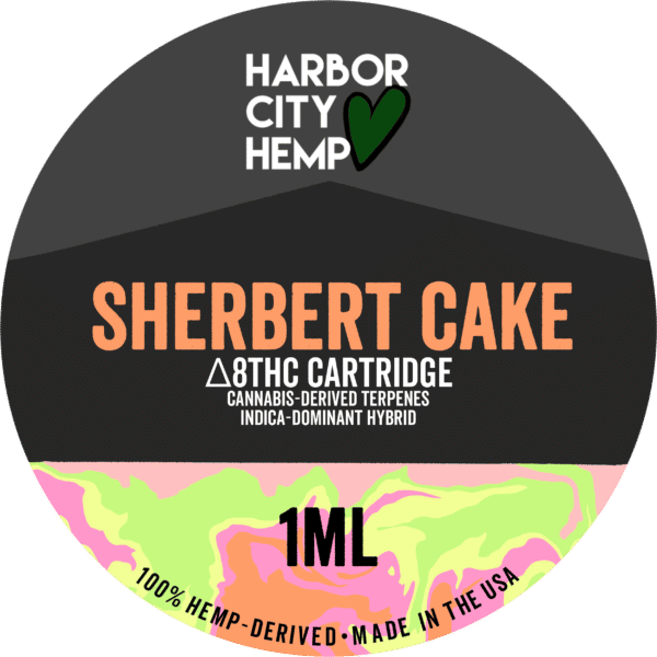 A Harbor City Hemp sherbert cake flavored CDT vape cartridge with 1ml of delta-8 THC