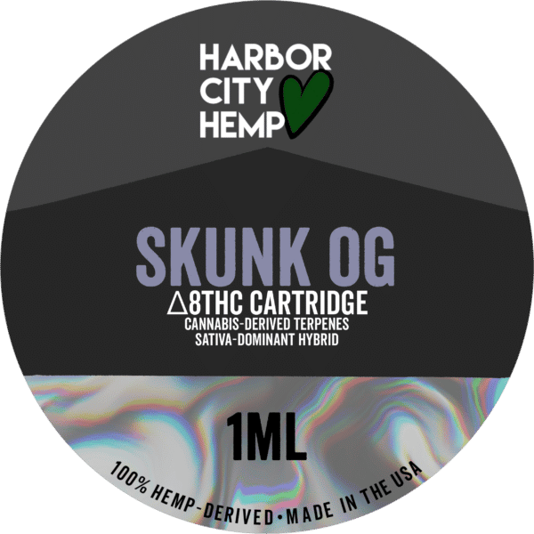 A Harbor City Hemp skunk OG flavored CDT vape cartridge with 1ml of delta-8 THC