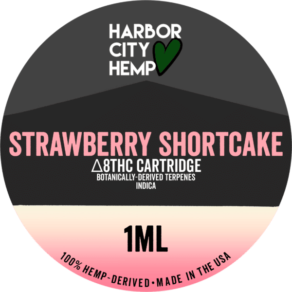 A Harbor City Hemp strawberry shortcake flavored BDT vape cartridge with 1ml of delta-8 THC
