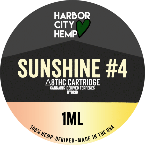 A Harbor City Hemp sunshine #4 flavored CDT vape cartridge with 1ml of delta-8 THC