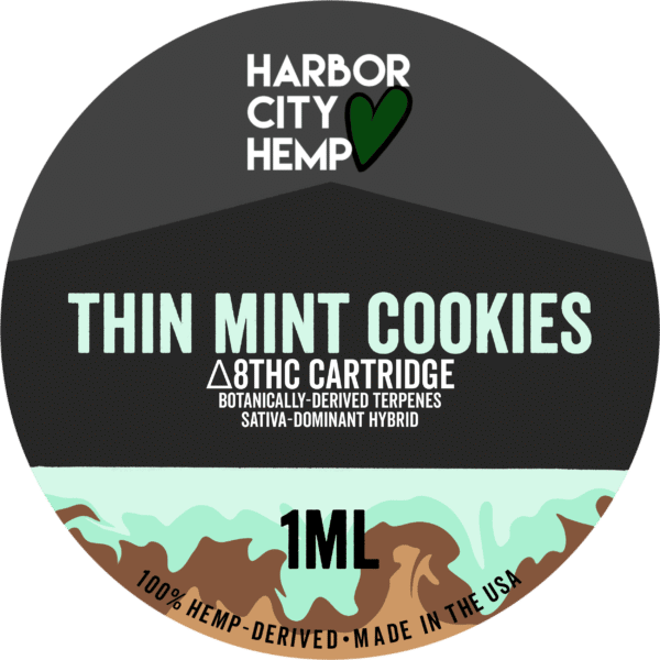 A Harbor City Hemp thin mint cookies flavored BDT vape cartridge with 1ml of delta-8 THC